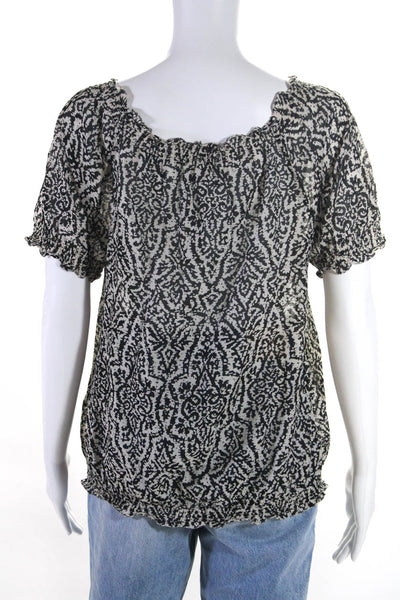 Joie Womens Button Front Short Sleeve Printed Shirt White Black Cotton Small