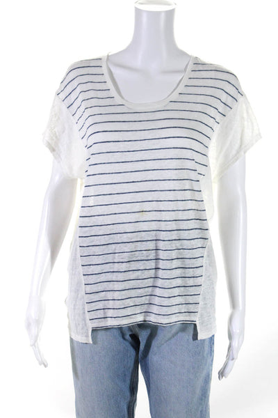 Vince Womens Short Sleeve Scoop Neck Striped Shirt White Blue Cotton Size Small