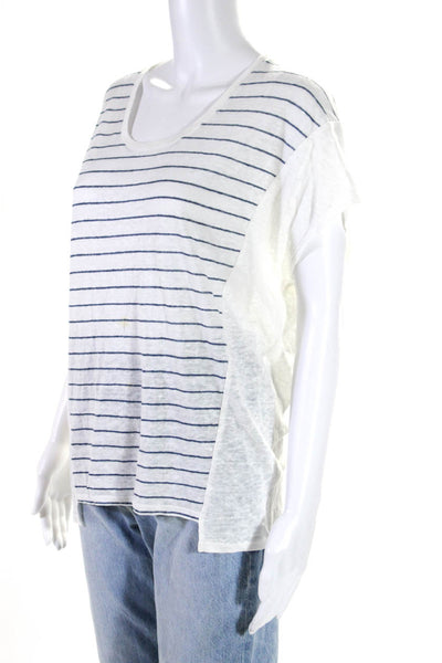 Vince Womens Short Sleeve Scoop Neck Striped Shirt White Blue Cotton Size Small