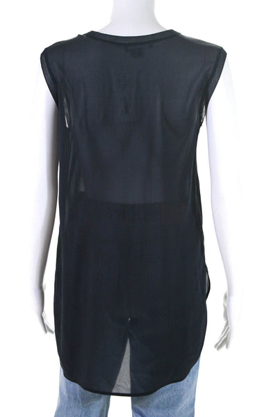 Vince Womens Sleeveless Crew Neck Knit Trim Silk Boxy Top Navy Blue Size Small