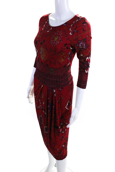 Etro Milano Womens Abstract Print 3/4 Sleeve Midi Shift Dress Red Size 40