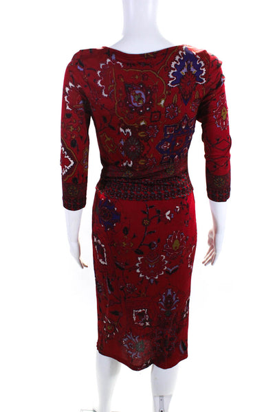 Etro Milano Womens Abstract Print 3/4 Sleeve Midi Shift Dress Red Size 40