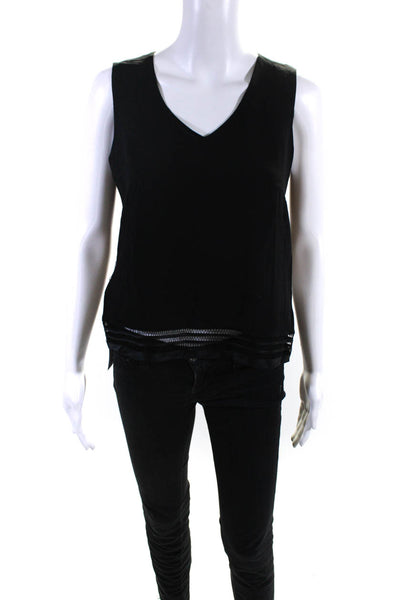 Akris Womens Side Zip Sleeveless V Neck Open Knit Trim Top Black Silk Size 8