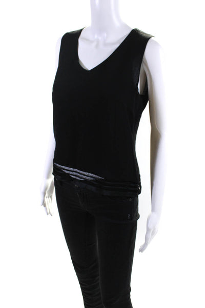 Akris Womens Side Zip Sleeveless V Neck Open Knit Trim Top Black Silk Size 8