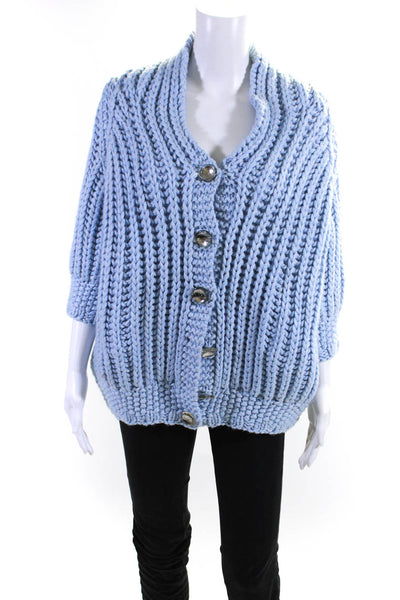 Chanel Womens Thick Knit High Neck Short Sleeve Cardigan Sweater Blue Size 36 XS