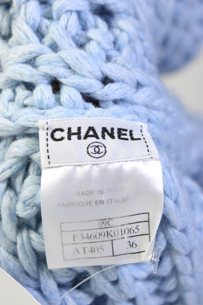 Chanel Womens Thick Knit High Neck Short Sleeve Cardigan Sweater Blue Size 36 XS