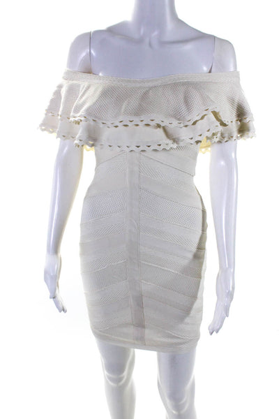 Forever Unique Womens Knit Off The Shoulder Zip Up Mini Dress Cream Size 1 XS