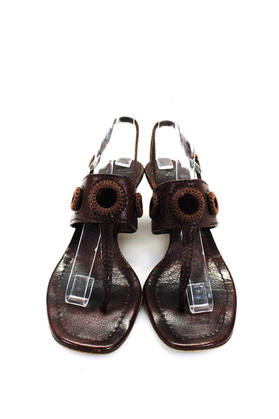 Prada Womens Leather Ankle Strap Thong Sandal Kitten Heels Brown Size 36.5 6