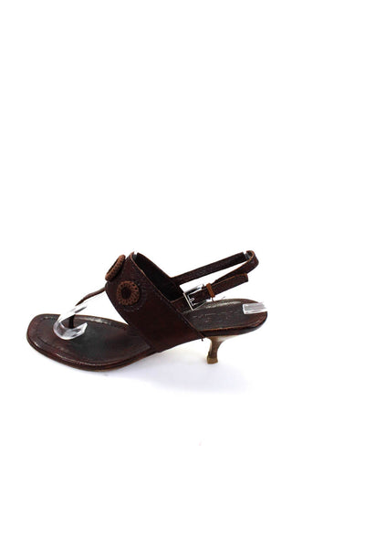 Prada Womens Leather Ankle Strap Thong Sandal Kitten Heels Brown Size 36.5 6