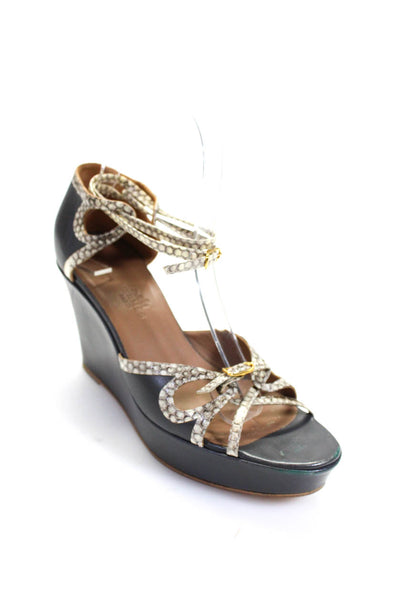 Hermes Womens Snakeskin Trim Ankle Strap Wedge Sandals Gray Ivory Size 37 7