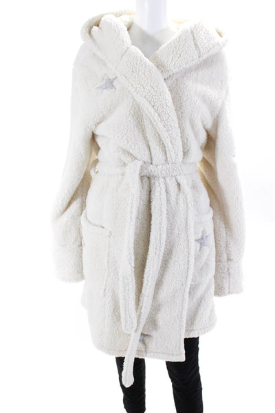 PJ Salvage Womens Tie Front Star Printed Hooded Fuzzy Robe White Size Large
