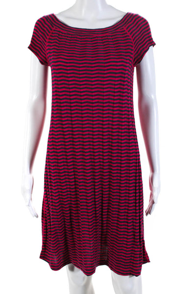 Three Dots Women's Short Sleeve Striped Casual Midi Dress Pink Size L