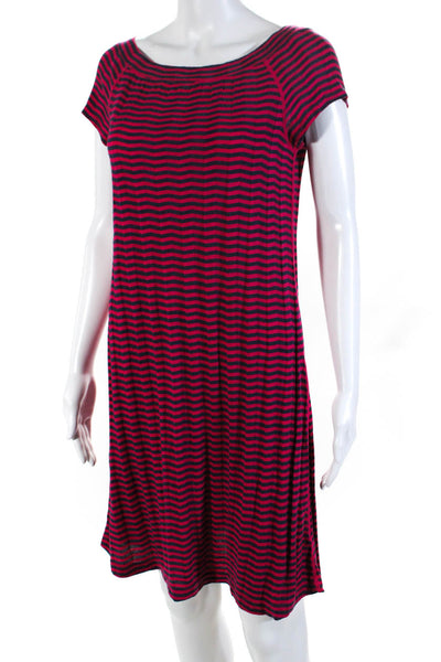 Three Dots Women's Short Sleeve Striped Casual Midi Dress Pink Size L