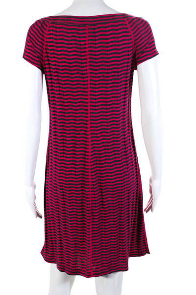 Three Dots Women's Short Sleeve Striped Casual Midi Dress Pink Size L