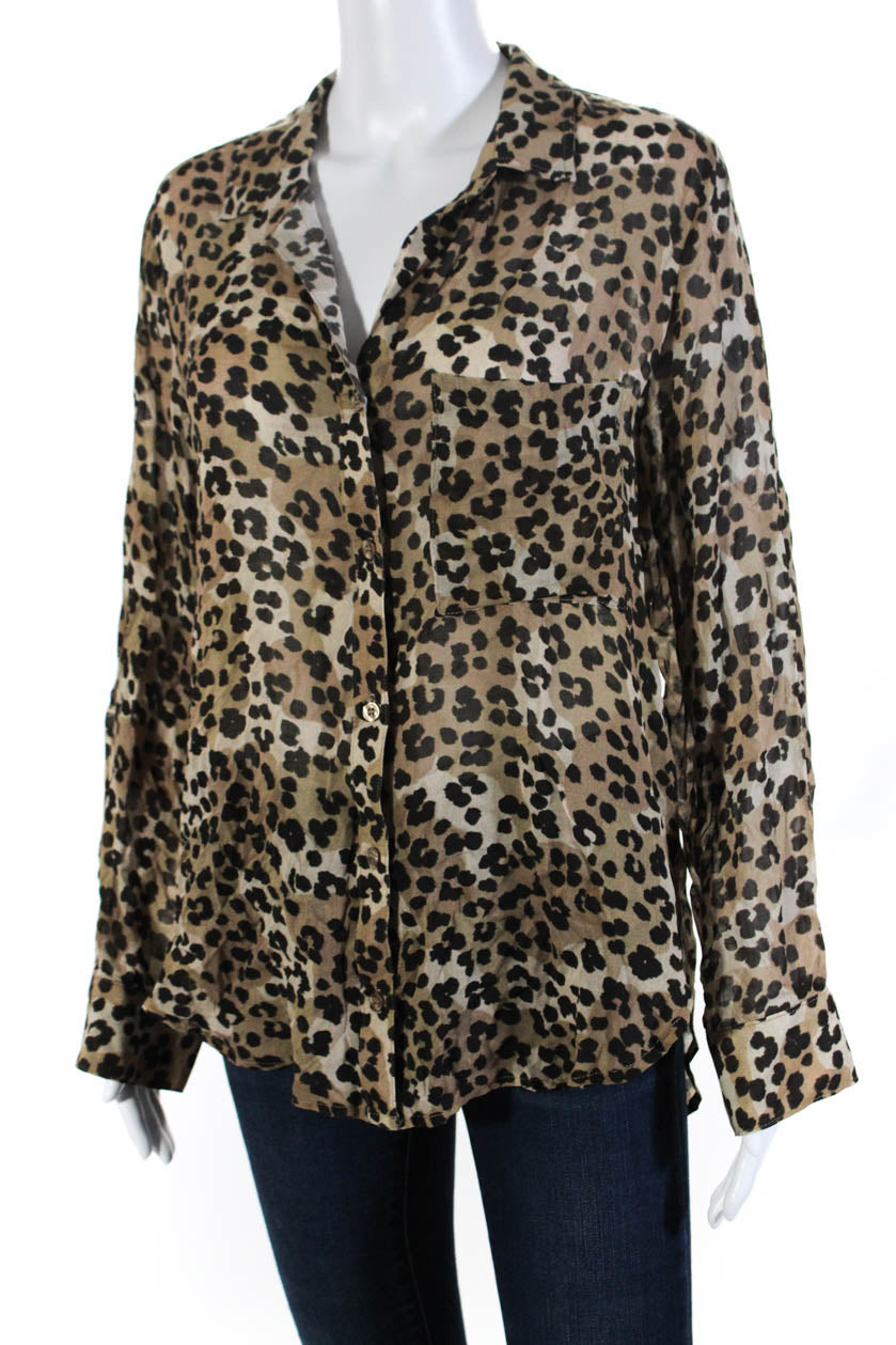 Bella Dahl Womens Collared Leopard Print Button Down Blouse Top