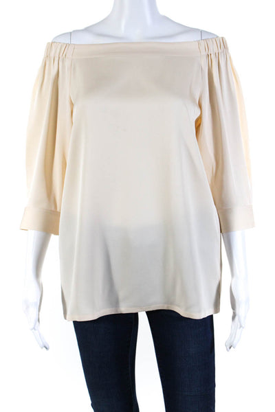 Theory Womens Silk Off Shoulder 3/4 Sleeve Blouse Top Ivory Pink Size Small