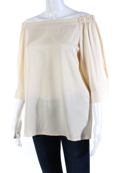 Theory Womens Silk Off Shoulder 3/4 Sleeve Blouse Top Ivory Pink Size Small