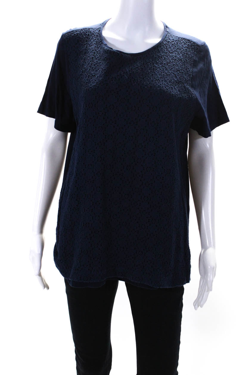 Lauren Ralph Lauren Womens Lace Short Sleeve Top Tee Shirt Navy Blue Size XL