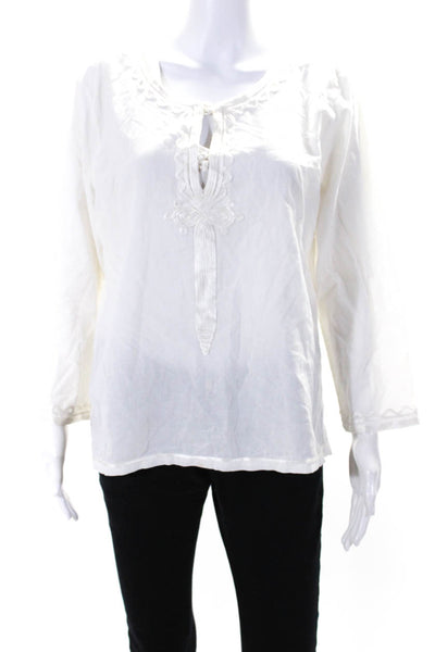 Calypso Saint Barth Womens Long Sleeve Stitched Trim Keyhole Shirt White Medium