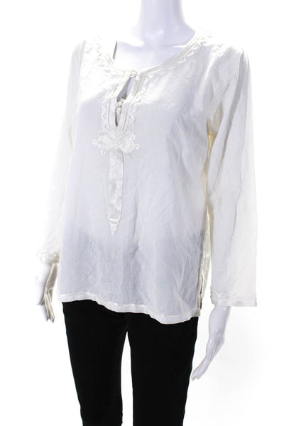 Calypso Saint Barth Womens Long Sleeve Stitched Trim Keyhole Shirt White Medium