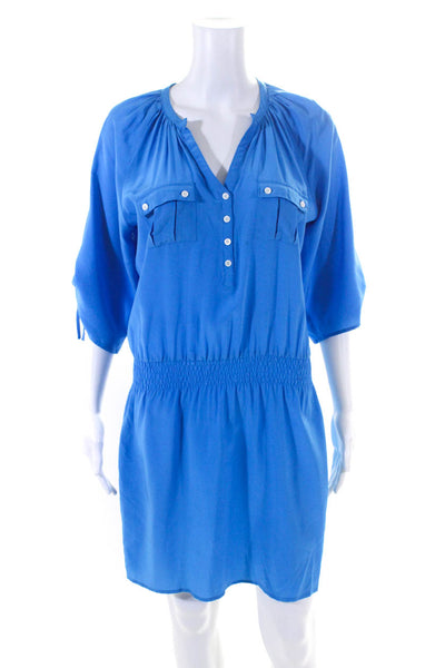 Yumi Kim Womens 3/4 Sleeved V Neck Button Down Short Blouson Dress Blue Size S