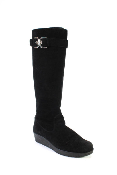 Stuart Weitzman Womens Suede Buckle Mid Calf Wedge Boots Black Size 7 Medium