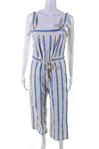 Warm Womens White Blue Striped Square Neck Sleeveless Cotton Jumpsuits Size S