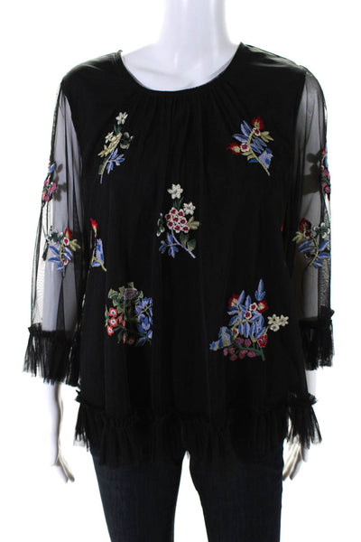 Ranna Gill Women's Floral Embroidered Long Sleeve Blouse Black Size M