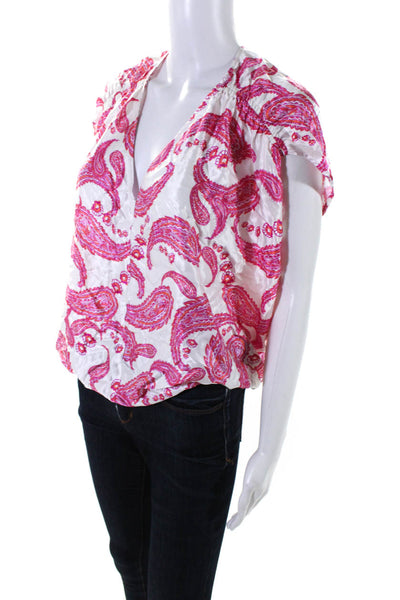 Hale Bob Women's Short Sleeve V Neck Satin Paisley Blouse Pink White Size XS