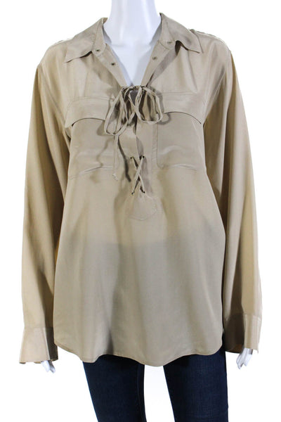 Equipment Femme Womens Silk Long Sleeve Lace Up V-Neck Blouse Top Beige Size M