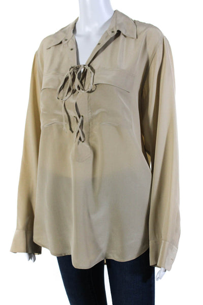 Equipment Femme Womens Silk Long Sleeve Lace Up V-Neck Blouse Top Beige Size M