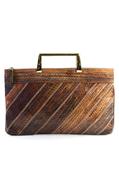 Varon Womens Embossed Leather Snakeskin Print Gold Tone Shoulder Handbag Brown