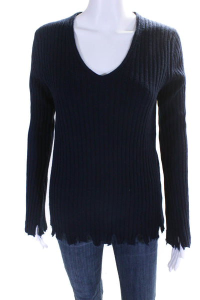 Gentle Herd Womens Wool Ribbed Knit V-Neck Pullover Sweater Navy Size M