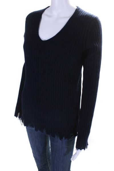 Gentle Herd Womens Wool Ribbed Knit V-Neck Pullover Sweater Navy Size M