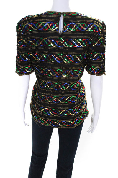 Laurence Kazar Womens Silk Sequined Short Sleeves Blouse Black Size Large