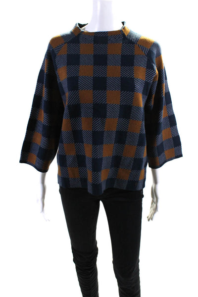 Numph Womens Knit Plaid Check Print 3/4 Sleeve Shirt Top Navy Blue Brown Size S