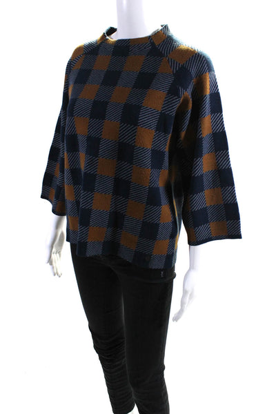 Numph Womens Knit Plaid Check Print 3/4 Sleeve Shirt Top Navy Blue Brown Size S