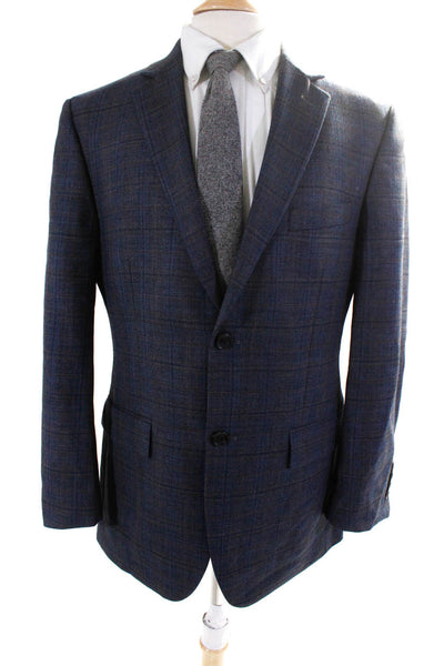 Pronto Uomo Mens Tweed Plaid Print Split Hem Two Button Blazer Blue Size 40R