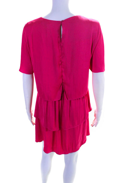 Zara Womens Short Sleeve Crew Neck Tiered Satin Dress Hot Pink Size Small