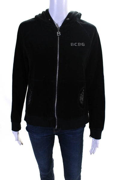BCBGMAXAZRIA Women's Velour Hooded Full Zip Embellished Jacket Black Size L
