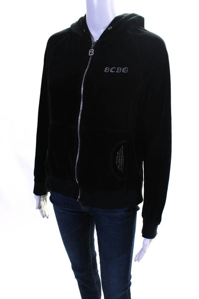 BCBGMAXAZRIA Women's Velour Hooded Full Zip Embellished Jacket Black Size L