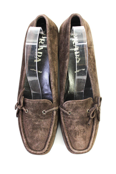 Prada Womens Suede Flat Heel Apron Toe Casual Loafers Dark Brown Size 7US 37EU