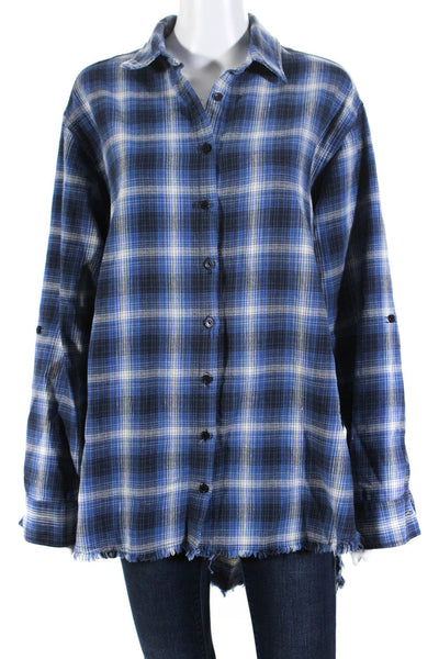 Sundry Womens Plaid Long Sleeved Button Down Flannel Shirt Blue White Size 2