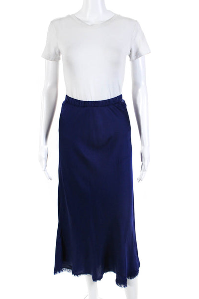 Nation LTD Womens Satin Elastic Waist Frayed Hem Slim Midi Skirt Blue Size L