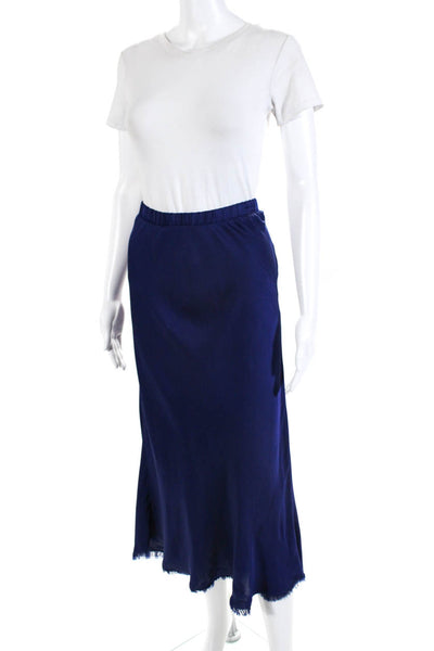 Nation LTD Womens Satin Elastic Waist Frayed Hem Slim Midi Skirt Blue Size L