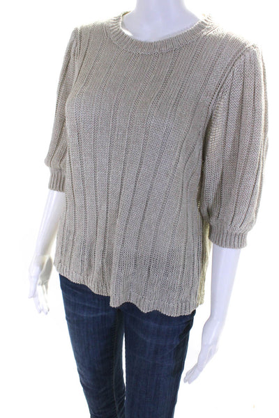 J Crew Womens Beige Linen Ribbed Knit Crew Neck Short Sleeve Sweater Top Size L