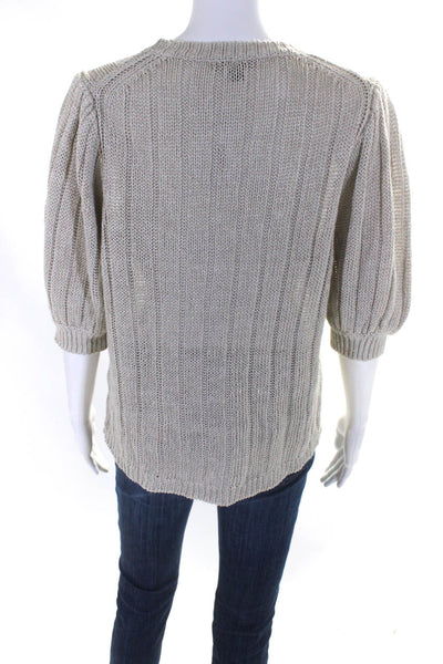J Crew Womens Beige Linen Ribbed Knit Crew Neck Short Sleeve Sweater Top Size L