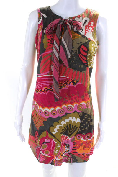 Trina Turk Womens Silk Abstract Print Bow Accent Shift Dress Multicolor Size 2