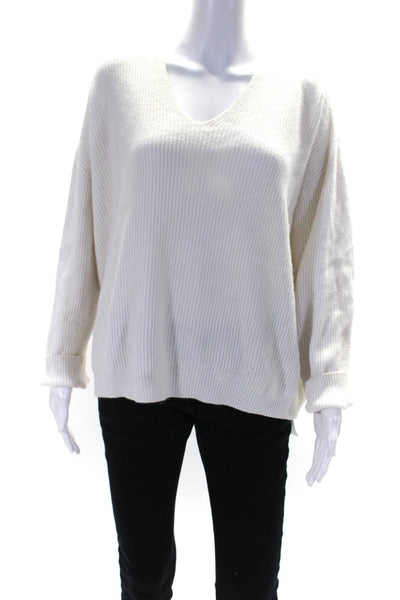 Apparis Womens Ribbed Long Sleeves Pullover V Neck Sweater White Size Small