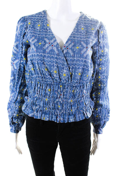 Forever That Girl Womens Long Sleeve Geometric Floral Blouse Top Blue Size XS